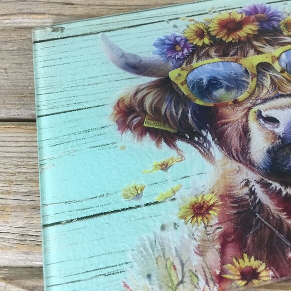 Boho Hippie Highland Cow Glass Cutting Board - Picture 3 of 8